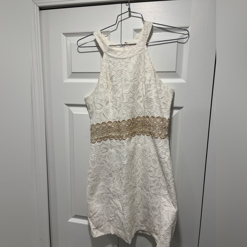 Lilly Pulitzer White Lace Mini Dress with Gold Waistband